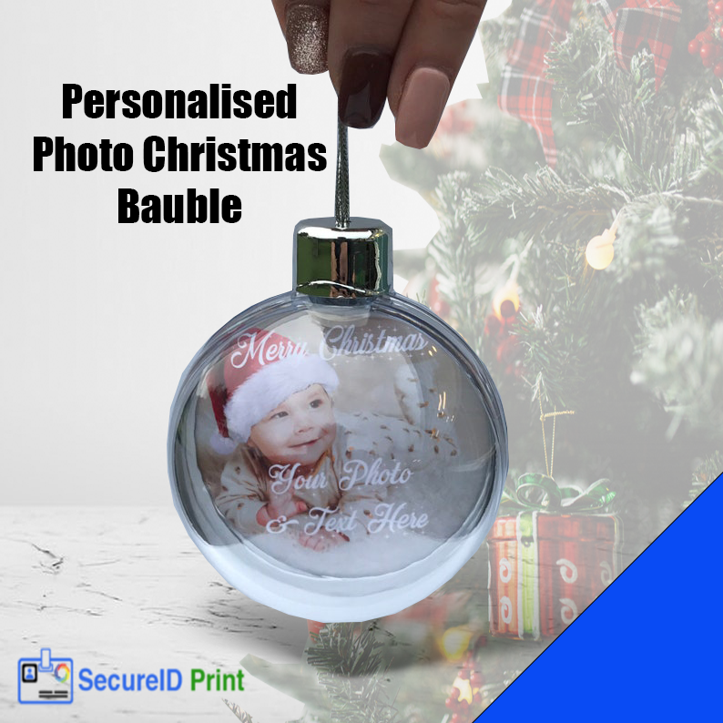 Personalised Photo Christmas Bauble, 8cm clear plastic with silver string, stand and gift box