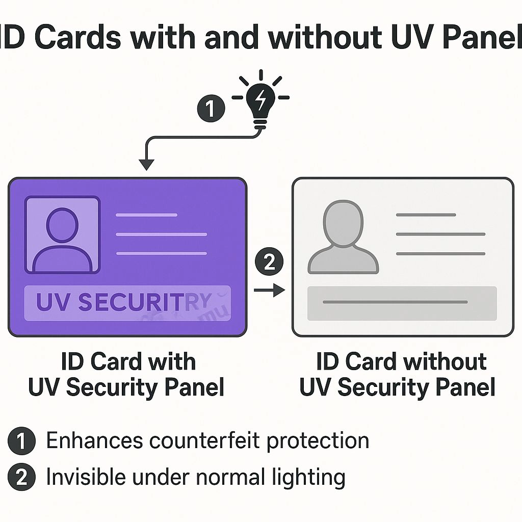 ID card under UV light showing hidden security panel