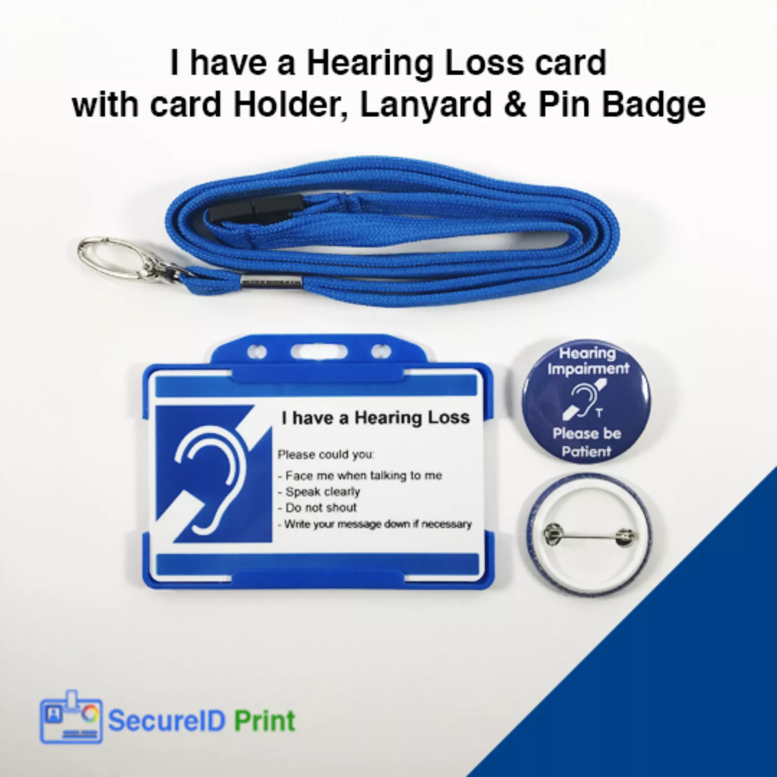 Hearing Loss ID Card with Lanyard & Biodegradable Holder | Customisable Text & Awareness Pin Badge