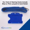 Blue biodegradable hearing loss card holder with matching safety breakaway lanyard and metal lobster clip.