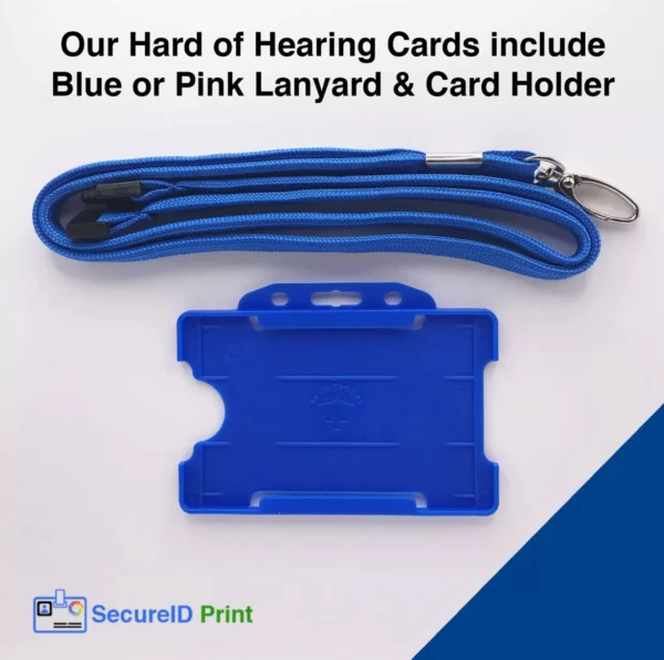 Blue biodegradable hearing loss card holder with matching safety breakaway lanyard and metal lobster clip.