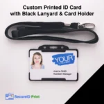 Custom printed ID card with black lanyard and card holder, personalised staff photo ID badge with company logo for employees, visitors and contractors