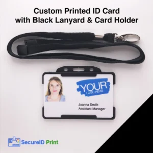 Custom printed ID card with black lanyard and card holder, personalised staff photo ID badge with company logo for employees, visitors and contractors