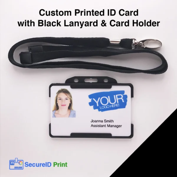 Custom printed ID card with black lanyard and card holder, personalised staff photo ID badge with company logo for employees, visitors and contractors