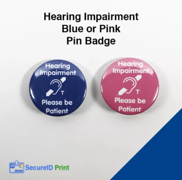 Blue and pink hearing impairment awareness pin badges with hearing loop symbol.