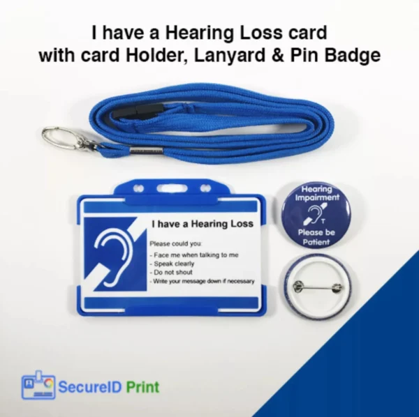 Personalised blue hearing loss card with biodegradable card holder, safety breakaway lanyard and hearing impairment pin badge.