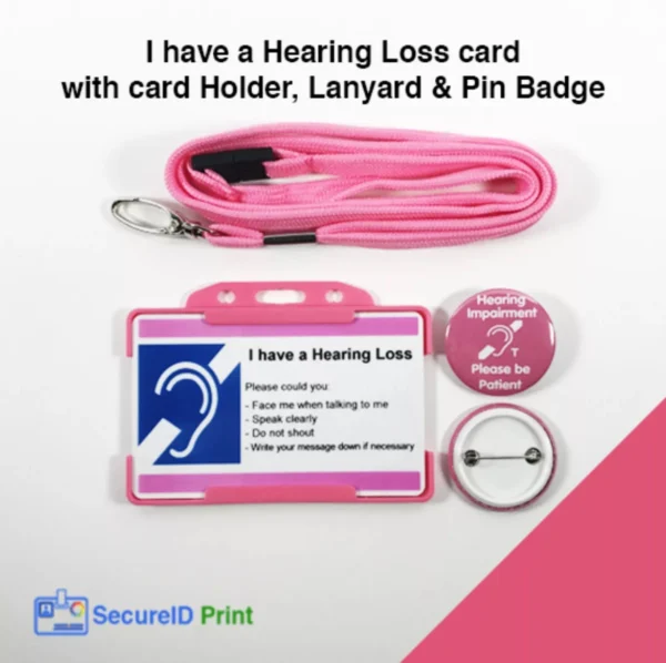 Personalised pink hearing loss card with biodegradable card holder, safety breakaway lanyard and hearing impairment pin badge.
