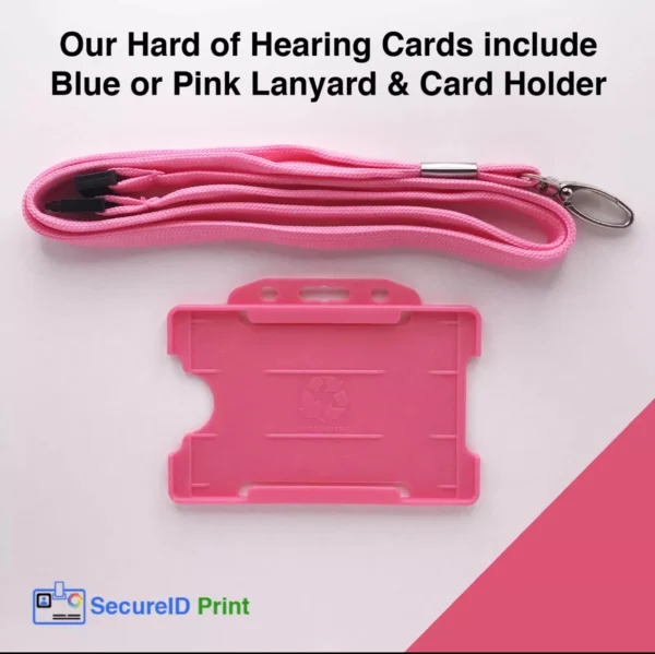 Pink biodegradable hearing loss card holder with matching safety breakaway lanyard and metal lobster clip.