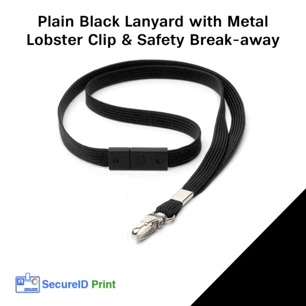 Plain Black Lanyard with Metal Lobster Clip and Safety Break-away