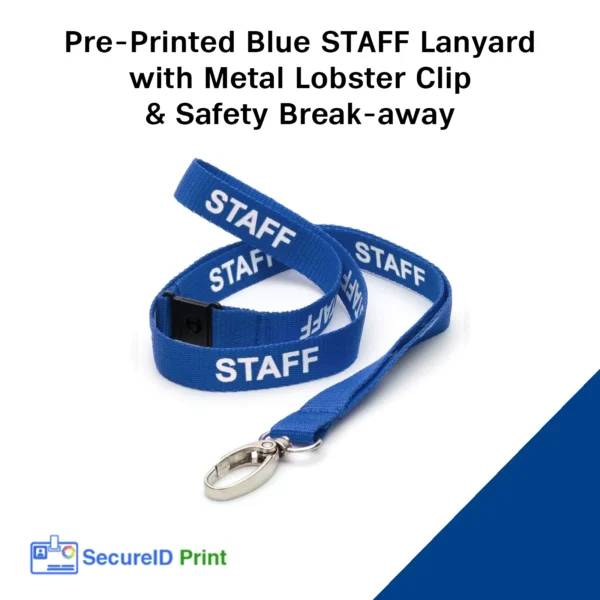 Pre-Printed Blue Staff Lanyard with Metal Lobster Clip and Safety Break-away