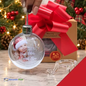 Personalised Photo Christmas Bauble 80mm with double-sided photo, clear three-legged display stand and festive gift box with red ribbon.