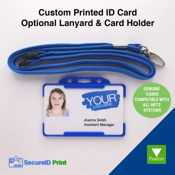 Genuine Paxton Net2 proximity ID card with blue lanyard and card holder, custom printed employee photo access control card