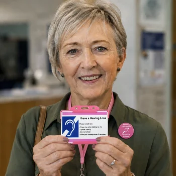 Hearing loss information guide showing a woman holding a personalised hearing loss card with a pink lanyard.